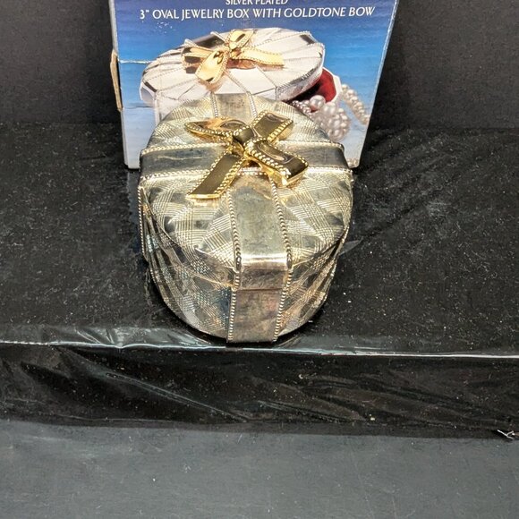 Godinger Silver Art Silver Plated 3" Oval Jewelry Box w/ Goldtone Bow New in Box - Picture 6 of 9